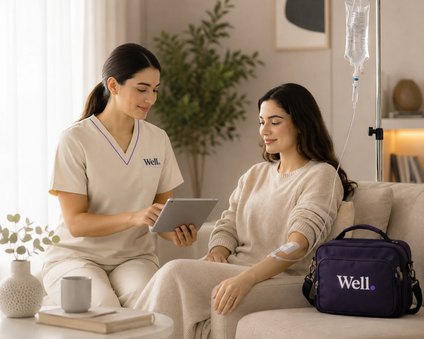 A Well nurse caring for a patient during an at-home IV drip session
